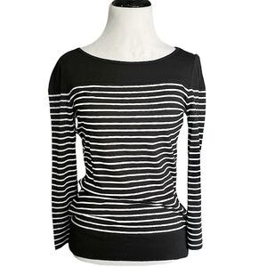 NWT JOAN VASS black and white striped boat neck top size medi new with tags